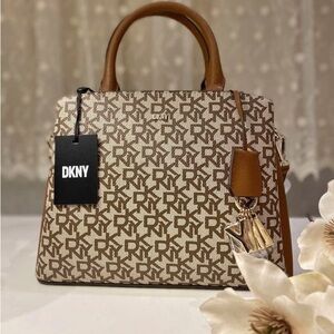 DKNY Logo Print Satchel Crossbody Beige Brown w/ Scarf